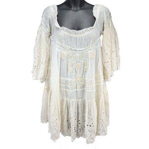 ANTICA SARTORIA Beach Babydoll Eyelet Lace Puffed Sleeves Beaded White Mini OS